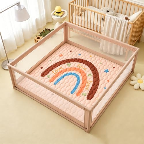 Viviland Baby Mats for Floor, 71x59 Inch Playpen Mat, Thicker & Large Soft Playmat for Baby and Toddlers Infants, Non-Slip & Machine Washable, Brown Rainbow - color: Brown Rainbow, size: 71" X 59"