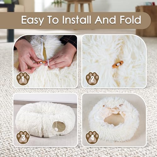 Peekaboo Cat Cave with Washable Mat, Collapsible Cat Play Tunnel for Kittens & Small Pets, Plush Cat Donut Bed Tunnel, Beige - color: Beige