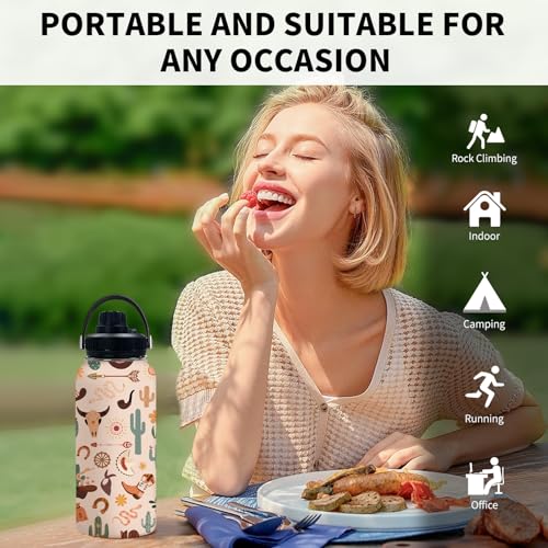 Cow 32oz Water Bottle, with Handle & Lid Bottle, Insulated Cup | 32oz Stainless Steel Tumbler, Leak-proof Reusable Mug, Christmas Birthday Gift for Western Cowgirl Lovers - color: Cow Girl