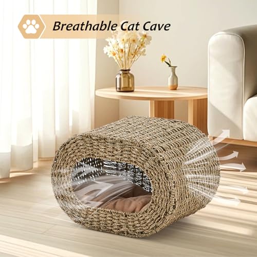 Cat House,Handwoven Cat Cave Pet Cube, Natural Cat Beds Indoor Kitten House with Double-Sided Soft Cushions, Pet Cat House for Multiple Cats, for Living Room Bedroom - color: Seagrass