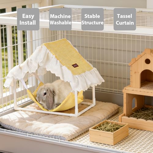 Guinea Pigs Hammock with Curtain Guinea Pig Hideout Washable(Yellow) | Machine Washable Guinea Pig Tent Hideout Breathable Bunny hammock rabbit hide for Dwarf Rabbit,Guinea Pig cage Accessories