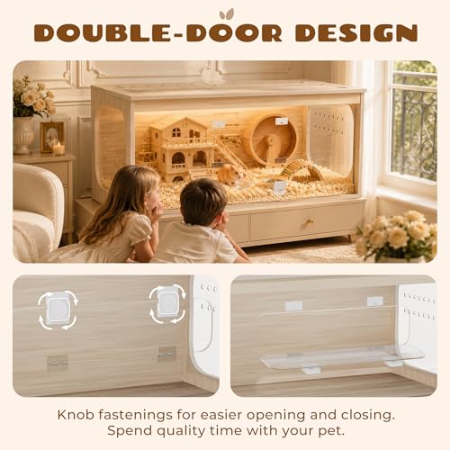 32" Large Wooden Hamster Cage with Lockable Front Access Door & Openable Top, Thick Acrylic Panels, Ventilated Hamster Habitat for Syrian Hamsters, Dwarf Hamsters, Gerbils, Guinea Pigs