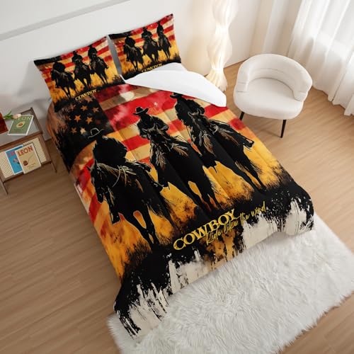 HOSIMA Cowboy Queen Comforter Set,Cowboys Riding Horses Print Western Bedding for Adults Teens Boys Room Decor,Fluffy American Flag Background Pattern Country Comforter with 2 Pillowcases. - color: Brown, size: Queen