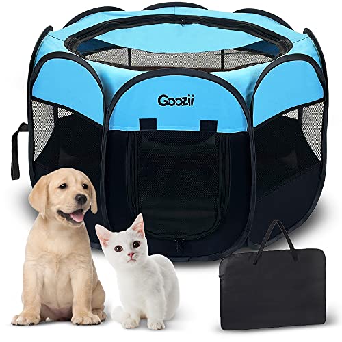GOOZII Dog Playpen Portable Collapsible, Indoor Outdoor Pet Puppy Exercise Playpens Case with Zipper Door Top Cover Floor for Large Cat Rabbit Travel Camping (Small Size, Black/Blue) - color: Blue, style: S [29" x 29" x 17"]