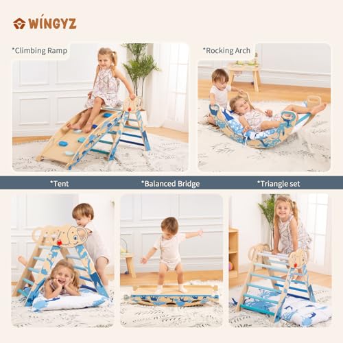 Pikler Triangle Set, Montessori 8-in-1 Climbing Set with Cushion | Wood Jungle Gym for 18M-5Y, Foldable, Reversible Animal Slide, Patent-Protected, 2.35in Gap, ASTM F963, Blue - color: Blue