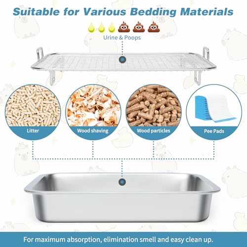 FHTONGE Stainless Steel Guinea Pig Litter Box, Removable Sifting Large Grid | Odor Control, Easily Clean, Low Entry, Metal Small Animal Litter Pan Train Tray for Bunny Hamster Chinchilla Hedgehog Rodent - size: 15.8x11.8x2.8"(40x30x7cm)