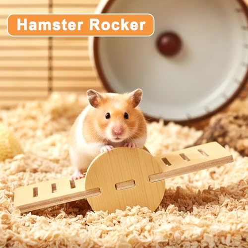 Wooden Hamster Platform, Multi-Functional Cage Climbing Toy with Round-Headed Seesaw for Food Bowl & Water Bottle, Cage Accessories for Dwarf Hamsters, Gerbils, Rats, Mice & Other Small Pets