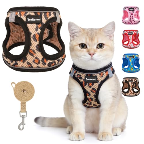 SCENEREAL Cat Harness & Leash Set Escape Proof - Adjustable Air Mesh Vest with Reflective Strips for Kittens, Puppies, Rabbits, Khaki Leopard S - color: #2 Khaki - Leopard, size: Small(Fit Chest 11.3-12.5in)