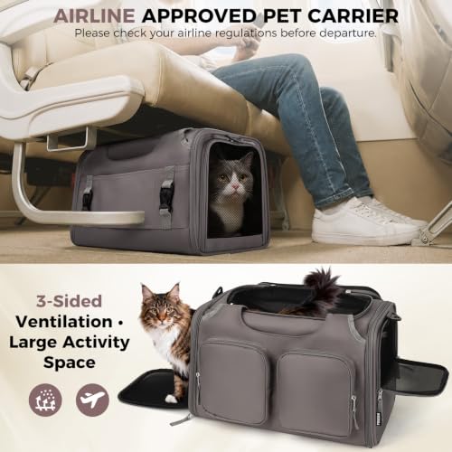 Dog, Cat Carrier for Pets Up to 12 Lbs, Airline Approved Collapsible Soft-Sided Pet Travel Bag with Locking Zippers, Breathable Mesh and 4 Large Pockets, Removable Fleece Pad (Grey) - color: Grey