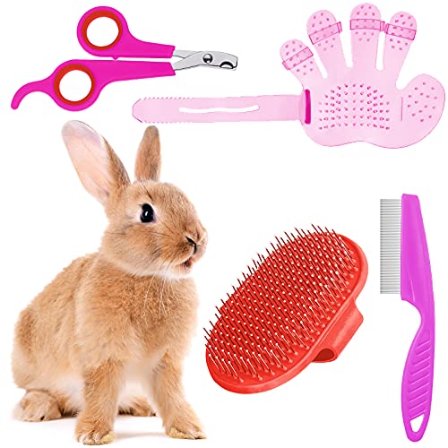 Patelai 4 Pieces Bunny Grooming Kit Rabbit Nail Clipper Rabbit Brush Hair Remover Shampoo Brush with Adjustable Ring Handle for Rabbits Guinea Pig Hamsters Puppy Kitten Hamster Ferret(Pink, Red) - color: Pink, Red