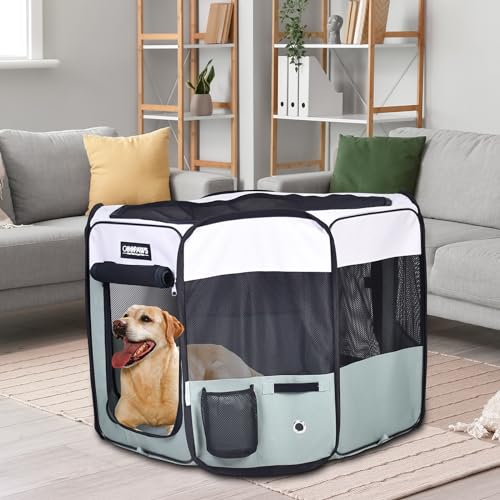 Jespet Soft Dog Playpen, Portable Pet Exercise Pen Kennel with Carry Bag | 2-Door, Easy to Fold, Ground Stakes, Zipper Locks, Large Storage Pocket, Washable Top Mesh Cover & Bottom Cover - color: Shale Green, style: 36x36x24 Inch (Pack of 1)
