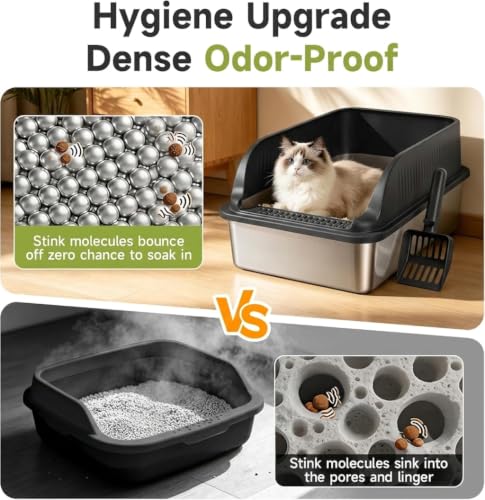 Stainless Steel Litter Box with High Sides, Include Scoop, Black | Easy Cleaning Anti-Urine Leakage Non-Sticky Open Top Low Entry - color: Black XL