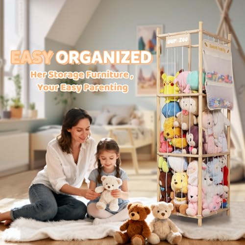 Stuffed Animal Storage Organizer, Large Wooden Zoo Toy Holder with Pockets, Plushie, Stuffy,Toy Storage for Kids Room, Playroom, Bedroom(Natural Large) - size: Large
