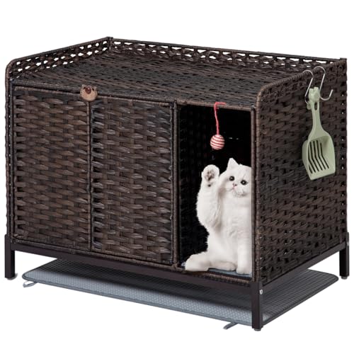 SETVSON Cat Litter Box Enclosure Furniture with Divider, Cat Cabinet, Brown | Handwoven PE Rattan with Soft Litter Mat, 3.54-In Heightened Metal Feet, Spacious & Comfortable, 31.2 x 19.6 x 24.2 In - color: Brown