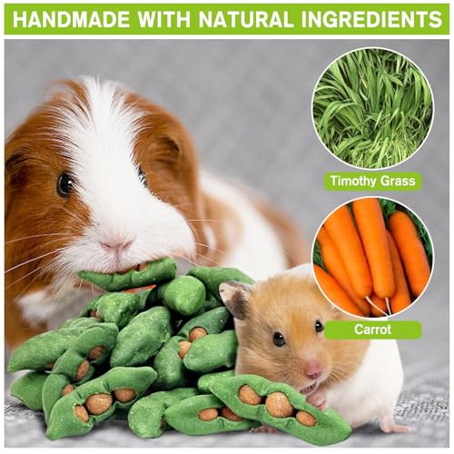 Fhiny Hamster Chew Toys for Teeth, 12 PCS Peapods Shaped Guinea Pig Snacks Natural Timothy Grass Carrot Rabbit Treats Handmade Small Animal Food for Bunny Chinchilla Gerbil Molaring - size: 12 PCS