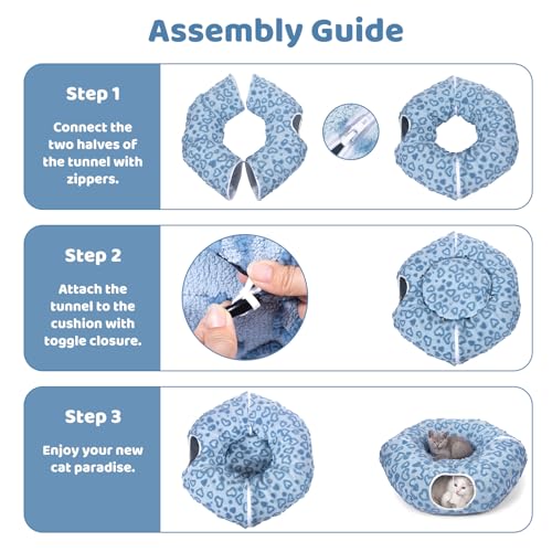 Cat Tunnel Bed, Cute Cat Tunnel Toy with Washable Cushion, Fits Indoor Cats up to 25 lbs, Cute Peekaboo Cave Pet Bed for Kittens, Rabbits, Blue Heart - color: Blue Heart
