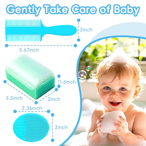 Cradle Cap Brush for Babies, Set of 5 Baby Bath Essentials with Bath Sponge Silicone Scrubber Long Handle Comb for Newborns Toddlers Boys Girls (Green) - color: Green Brush+long Comb
