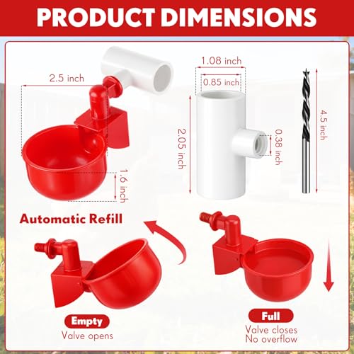 LemonRoad 30 Set Automatic Chicken Waterer Cups with 1/2" PVC Tee Fitting Chicken Drinking Bowl, Poultry Drinker Mounting Hole Opener,Water Dispenser Feeder for Duck, Goose, Turkey, Pigeon(Red) - color: Red 2