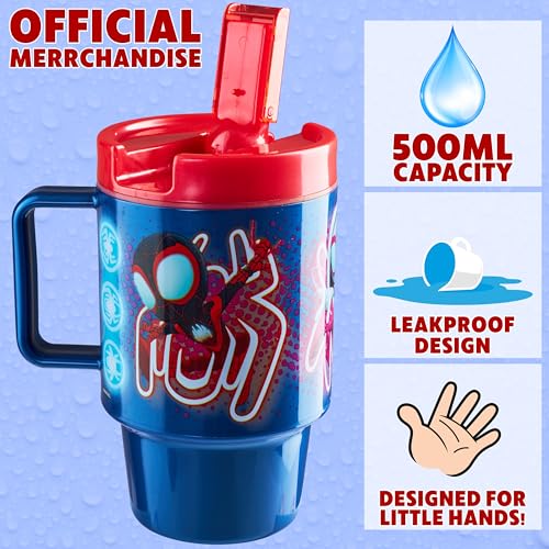 Get Trend Marvel Spiderman Kids Water Bottle with Straw 16.9 oz BPA Free Plastic Cup with Lid Handle Reusable Tumbler for School Gifts for Kids (Blue Spidey) - color: Blue Spidey