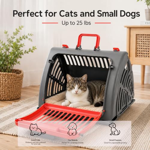 Foldable Portable Pet Carrier, Cat Carrier with Opening Door | Hard-Sided Travel Cat Carrier for Cats & Small Pets up to 25lbs, Red - color: Red