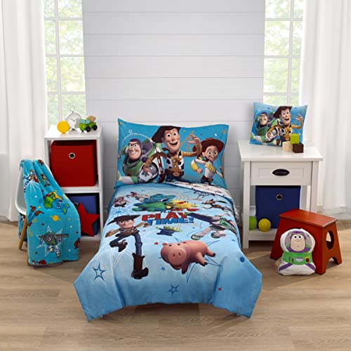 NoJo Disney Toy Story It's Play Time Blue, Green, and White, Woody and Buzz 2 Piece Toddler Sheet Set - Fitted Bottom Sheet and Reversible Pillowcase - color: Toy Story It's Play Time