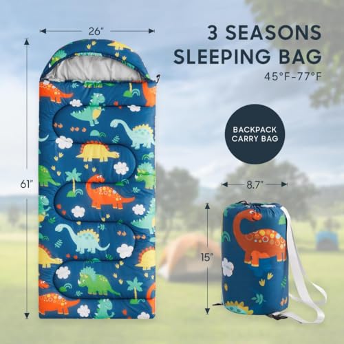 Wake In Cloud - Kids Sleeping Bag for Boys Toddlers, Camping in Warm Cold Weather, Backpacking Lightweight Compact Outdoor Liner for 3 Seasons, Cartoon Jurassic Dinosaur - color: Navy Blue