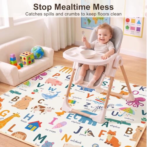 Basumee Splat Mat for Under High Chair, Waterproof & Mess-Proof Floor Mat | 46"×42" Baby Splash Mat, Non Slip Bottom, 4-Layer Fabric, Food & Liquid Catcher, Machine Wash for Boy Girl, Meals, BLW, Craft - color: Animal Alphabet, size: 46x42 Inches