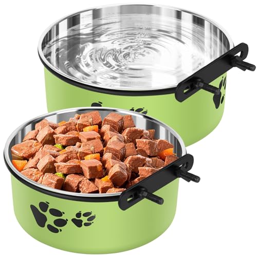 Dog Crate Water Bowl, ShineMe 54oz & 34oz Stainless Steel No Spill Crate Food and Water Bowl, Kennel Bowls Mountable for Medium and Large Dogs, Cats and Pets, Set of 2, Green (7.1x2.9” & 6.2x2.6”) - color: Green, size: L (54oz+34oz)