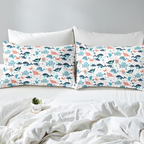 Cute Whale Bed Sheets Twin Size, Kids Kawaii Cartoon Octopus Sheet Set, Jellyfish Shell Starfish Crab Fitted Sheet For Little Boys Girls, Ocean Beach Sea Animals Bedding Set With Kawaii Flat Sheet - color: Multi 08, size: Twin