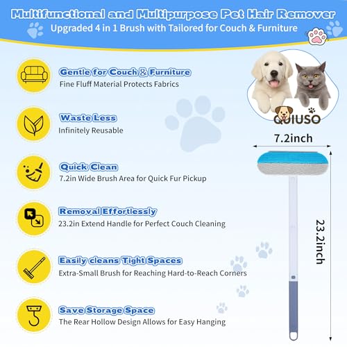 Pet Hair Remover for Furniture – 23.2Inch Reusable Dog & Cat Hair Removal Brush, Washable Lint Cleaner with Long Handle, 4-in-1 Pet Hair Remover for Couch, Carpet, Clothes & Bedding