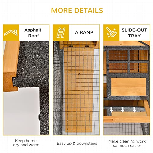 PawHut 2-Level Rabbit Hutch Bunny House with Weatherproof Hinged Asphalt Roof, Removable Tray and Ramp for Outdoor