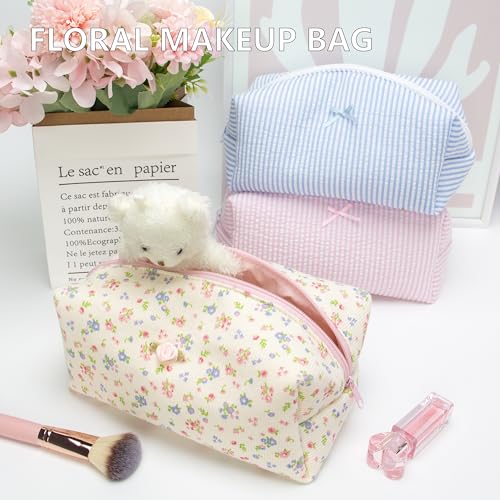 Cozy Makeup Bag for Women,Zipper Cosmetic Pouch,Ribbing Beige Floral | Soft Cosmetic Organizer for Makeup,Skincare,Toiletries,Daily Beauty Essentials,Purse,On-the-Go,Bridesmaid Gifts - color: Ribbing Beige Floral