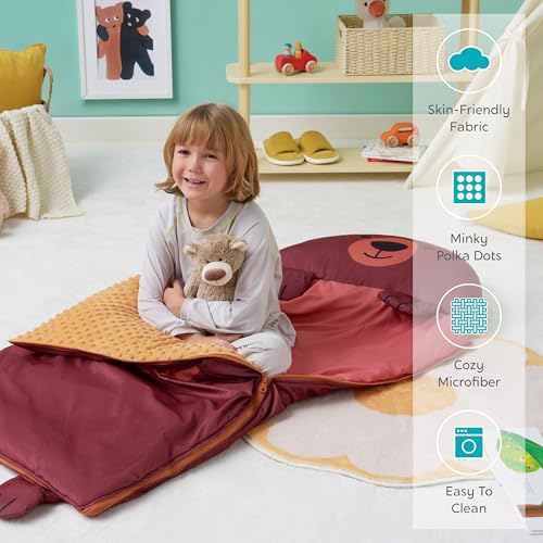 JOIEDOMI Kids Sleeping Bag 4 5 6 Year Old Girl Gifts Toddler Nap Mat with Pillow & Blanket 60" x 27" for Kids Ages 3+ Soft Plush Sleeping Mat for Preschool and Boys Girls - color: Brown Bear