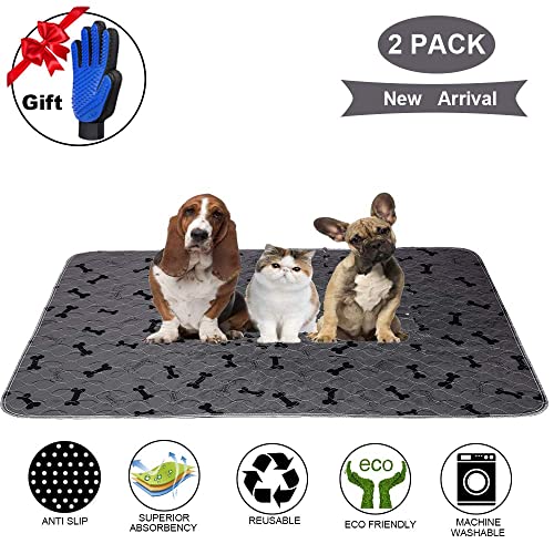 Washable Dog Pee Pads with Free Grooming Gloves,Non Slip Dog Mats with Great Urine Absorption,Reusable Puppy Pee Pads for Whelping,Potty,Training,Playpen - size: 34x36 Inch (Pack of 2)
