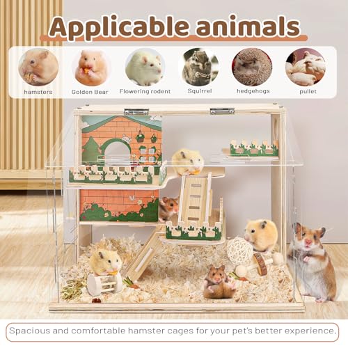 Large Acrylic Hamster Cage, Wooden Dwarf Hamster Habitat, Spacious Dwarf Gerbil Cage, Premium Dwarf Hamster Habitat with Ventilator (Hamster Cage)