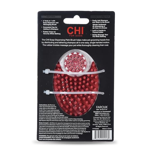 CHI for Dogs Soap Dispensing Palm Brush, Handheld Dog Bathing Scrubber with Built-In Shampoo Dispenser, Soft Rubber Bristles for Massaging and Deep Cleaning All Dog Coat Types, Red | Built-in shampoo dispenser, soft rubber bristles, massages while deep cl