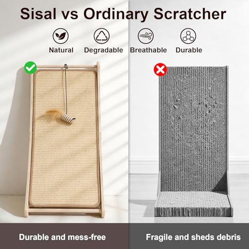 Sisal Cat Scratcher, Cat Scratching Board with Mouse Toy | 24” Wooden Ramp, Vertical and Horizontal Use for Wall and Floor, Easy Assembly, Climb and Scratch Fun, Protects Furniture