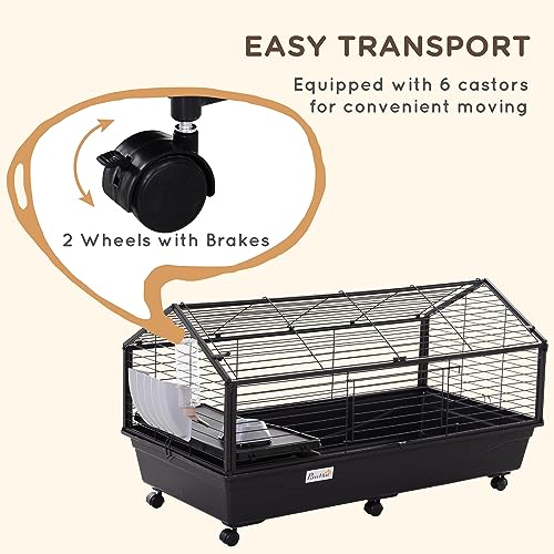PawHut Small Animal Cage with Foldable Run Area, Rolling Bunny Cage, Guinea Pig Cage, Hedgehog Cage with Water Bottle, Water Bowl, and Ramps, 35" L | Guinea Pig Hutch, Hedgehog Cage, Water Bottle, Water Bowl, Ramps - size: 50.5"L x 34.8"W x 22.0"H