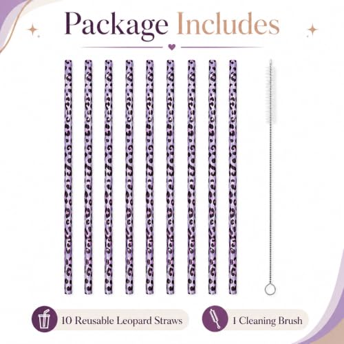 10 Pcs Reusable Brown Leopard Straws Long Straws with Cleaning Brushes | Plastic Cheetah Animal Straws Brown Leopard Print Drinking Straws for Tumblers Cups Safari Wild Favors Birthday Party Supply - color: Purple