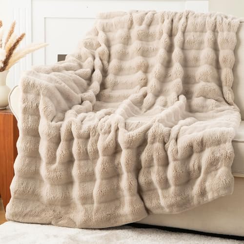 Battilo Tan Throw Blanket for Couch, Rabbit Fur Blanket for Bed, Light Brown Throw Blanket for Home Decor, 50"x60" - color: Tan, size: 50"x60"