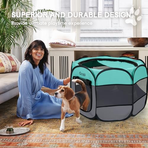 Goozii Pet Cat Playpen for Indoor Cats Enclosed, Puppy Dog Play Pen for Outdoor Travel Camping (Small Size, Green & Dark Grey) - color: Green-Gray, style: S [29" x 29" x 17"]