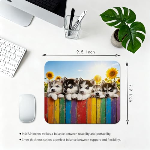 Playful Husky Puppies Mouse Pad, Sunflowers Joyful Summer Scene Desk Mat | 9.5"x 7.9", Adorable Dogs Pets Design, Cute Smooth & Anti-Slip Mousepad - color: Colorful Design Wknoon-Art 02