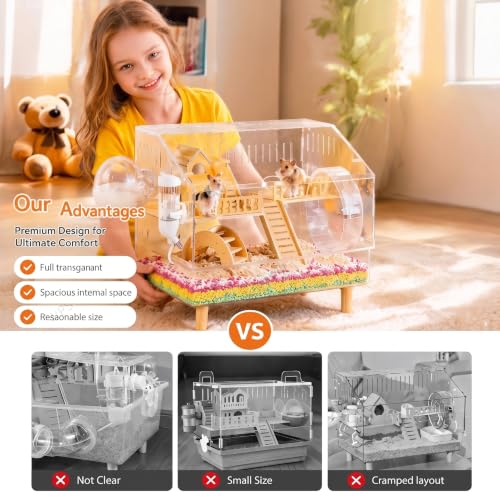 8-in-1 Small Acrylic Hamster Cage, 2-Tier Top Open with All Accessories | Clear 360 Viewing,18.5"x11.8"x14.6",Fits Dwarf Hamsters,Gerbils & Mice,Detachable Tray, Three-sided Ventilation.