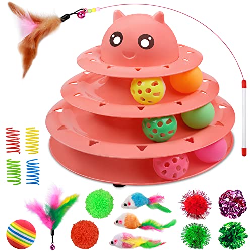 UPSKY 20 PCS Cat Toys Set with Teaser, Mice, Spring, and Various Ball Toys | Puzzle Kitten Toys, Sturdy Structure, Detachable Design, Easy to Assemble, Anti-Slip, Reduces Boredom for Indoor Cats - color: B-20PCS-Red
