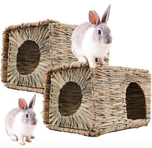 WUWEOT 2 Pack Large Grass Bunny House, Foldable Rabbit Hut, Play Hideaway Bed Hay Mat Chew Toy for Rabbit, Guinea Pigs, Gerbils, Hamster and Small Animals, 11"x8"x8"