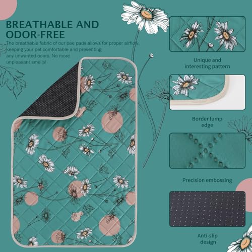 IEUUMLER Washable Pee Pads for Dogs, 2 Pack Non-Slip & Waterproof Pack Whelping Pad, Reusable Washable Puppy Potty Training Pad with Fast Absorbent for Playpen EU007 (Teal Daisy, 24"X18"-2pcs) - size: 24"X18"-2pcs