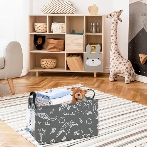Rectangular Fabric Storage Bin, Foldable Line Dinosaur print Basket | Damp-proof canvas with reinforced stitched handles.Great for clothes,books and sundries in closets,playrooms,laundry rooms. - color: REC Gray Line Dinosaur