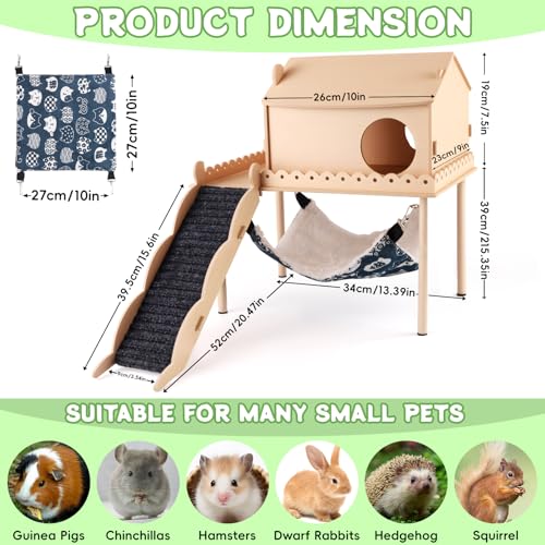 Kalolary Guinea Pig Hideout Wooden Guinea Pig Castle with Stair Hammock Mat | Detachable Double-Decker Guinea Pig House for Small Animals Hamster Chinchilla Bunny Ferret Rabbit Hiding Playing Sleeping