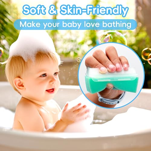 Cradle Cap Brush for Babies, Set of 5 Baby Bath Essentials with Bath Sponge Silicone Scrubber Long Handle Comb for Newborns Toddlers Boys Girls (Green) - color: Green Brush+long Comb