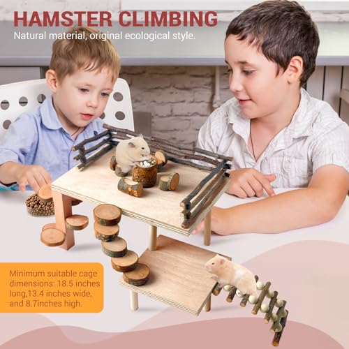 VolksRose Wooden Hamster Playground Platform, Hamster Climbing Toy, Natural Living Climb System, Small Animals Activity Set with Ladder Food Bowl Ramp Bridge for Mouse Gerbil Rat Chinchilla - color: #3